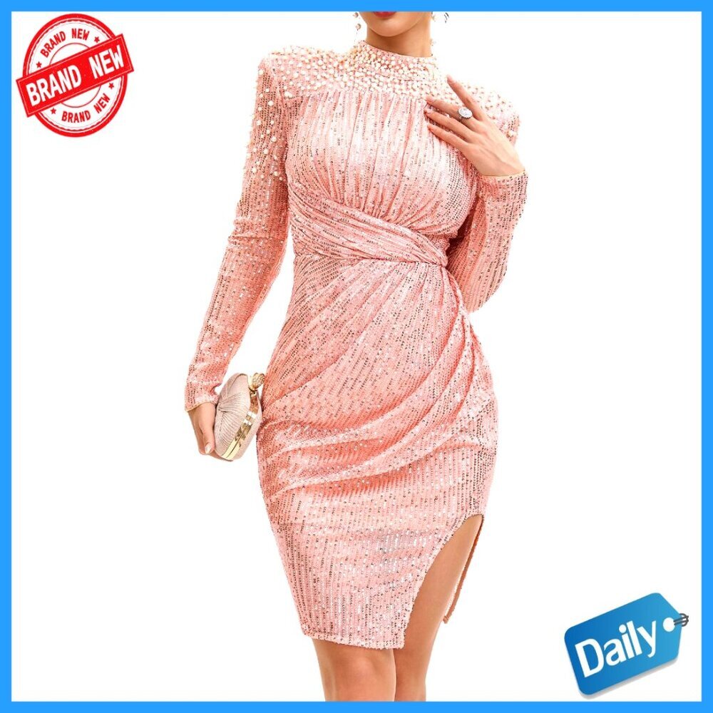 Long Sleeve Sequin Mock Neck Backless Bodycon Prom Cocktail Party Dress